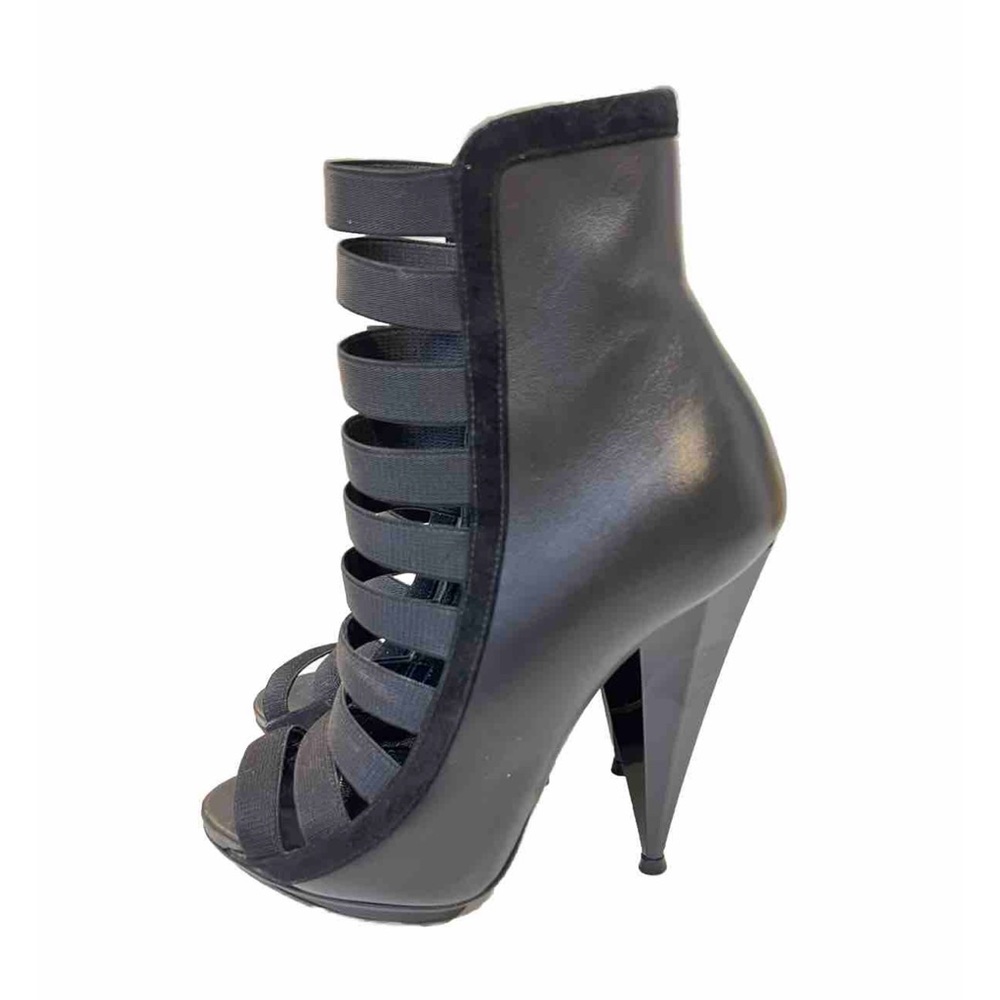GUCCI Olimpia Elastic Ladder Strap High Heel Bootie Size 36.5 Black